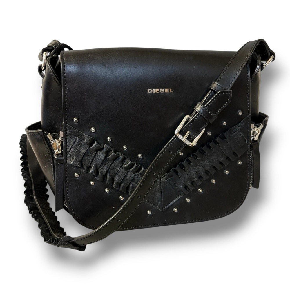Diesel Purse Shoulder Bag Leather Black Studded Le-Claritha Luxury Urban